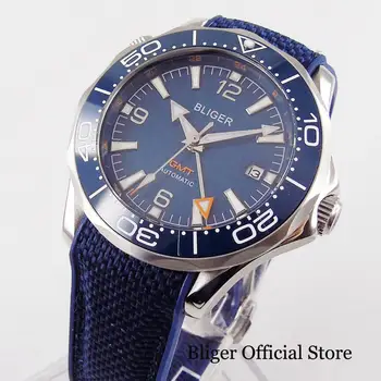 

BLIGER Brand Self Winding Men Watch Sapphire Glass Blue Dial Rubber Strap GMT Model Ceramic Bezel
