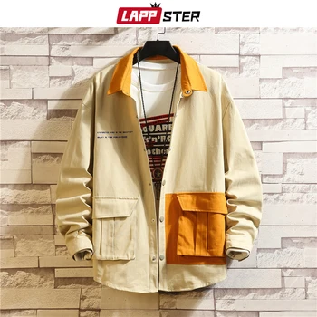 

LAPPSTER Men Korean Fashions Jackets 2020 Autumn Mens Japanese Streetwear Color Block Windbreaker Harajuku Khaki Coats Plus Size