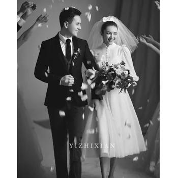 

Long Sleeves White Wedding Dresses Satin Tea Length Wedding Guest Wear Party Gown Vestido Curto