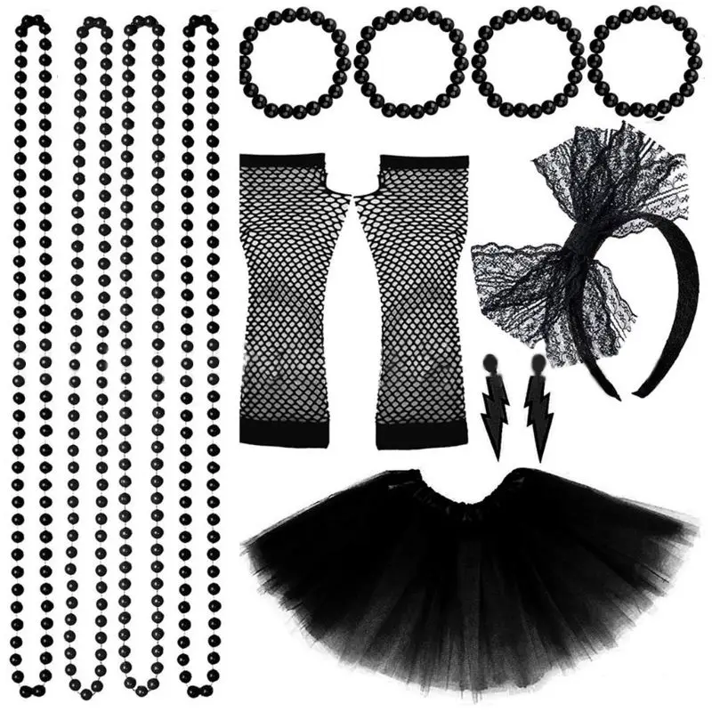 Fancy Costume Set 40 cm Halloween Women 80s Costume Accessories Necklace Leg Warmers Earings Fishnet Gloves Adult Tutu Skirt and Lace Headband 