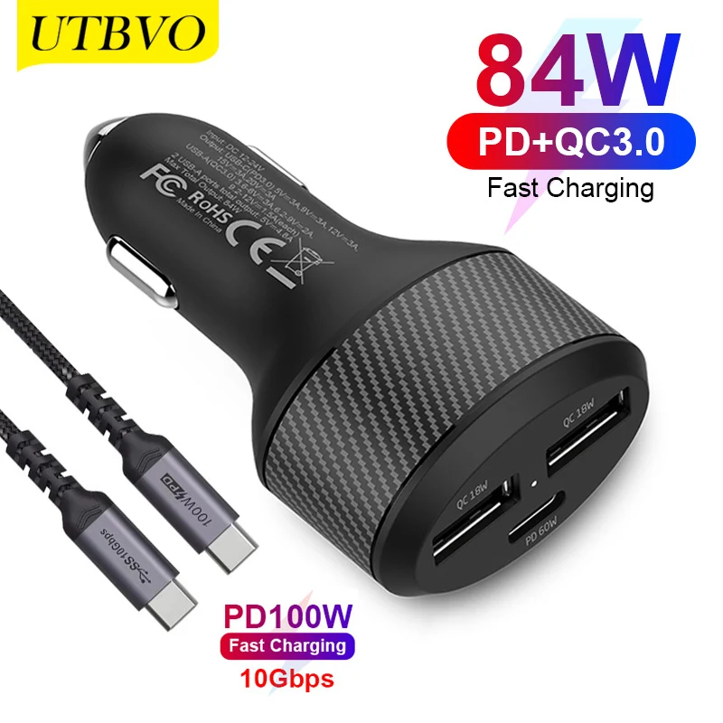 UTBVO 84 Вт 108 Быстрое Автомобильное зарядное устройство USB C PD и QC 3 0 автомобильный адаптер для iPhone 12/12 Pro/Max/12 Mini/11