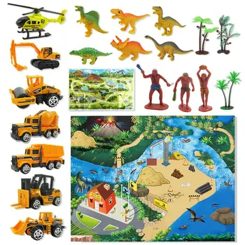 

20PCS Alloy Engineering Vehicle Toy Set With Helicopter Model Dinosaur Minifigure Mat Ability Training Imagination Inspiring Toy
