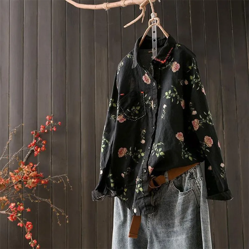 Spring Arts Style Women Long Sleeve Loose Turn