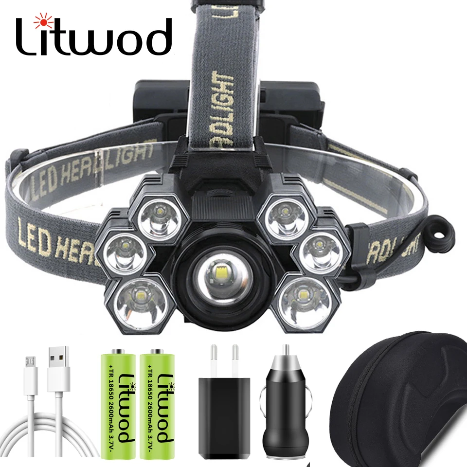 Налобный фонарь Litwod Z20 7 светодиодных ламп 3 * XML T6 + 4 XPE с зумом на голову для
