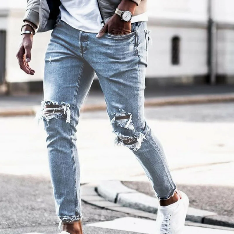 Men Skinny Ripped Jeans White stripes 