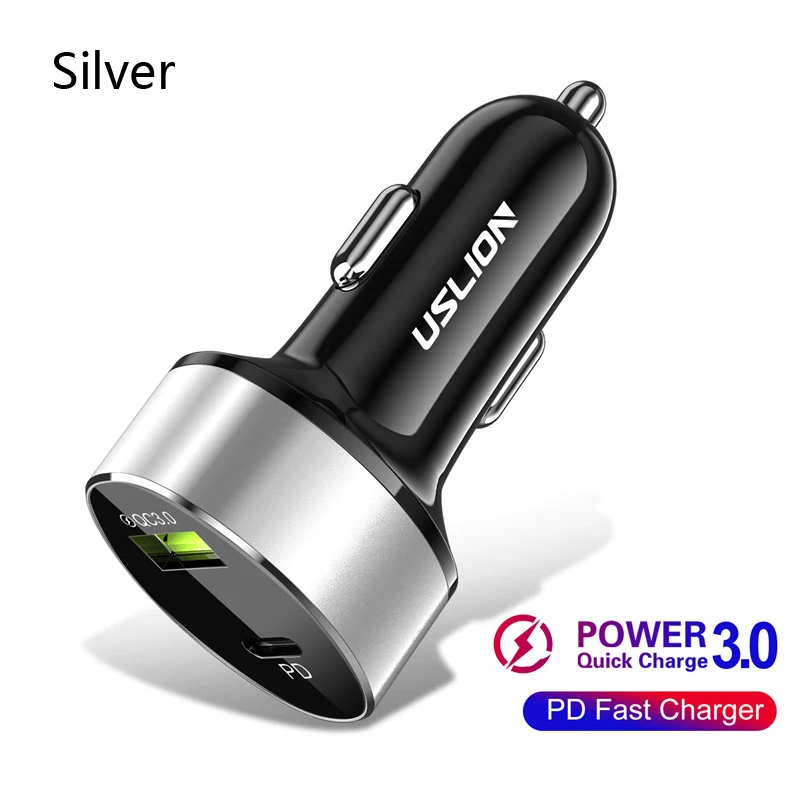 USLION 3A Быстрая зарядка USB Автомобильное зарядное устройство для iPhone 11 Pro Max быстрая PD автомобильное зарядное устройство SCP для Xiaomi Redmi Note 7 Pro samsung - Тип штекера: Silver