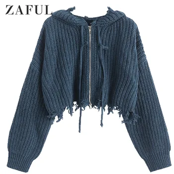 

ZAFUL Hooded Zip Up Distressed Cropped Cardigan Elastic Ripped Solid Cardigan Loose Short Drop Shoulder Hooded Sweater Autumn