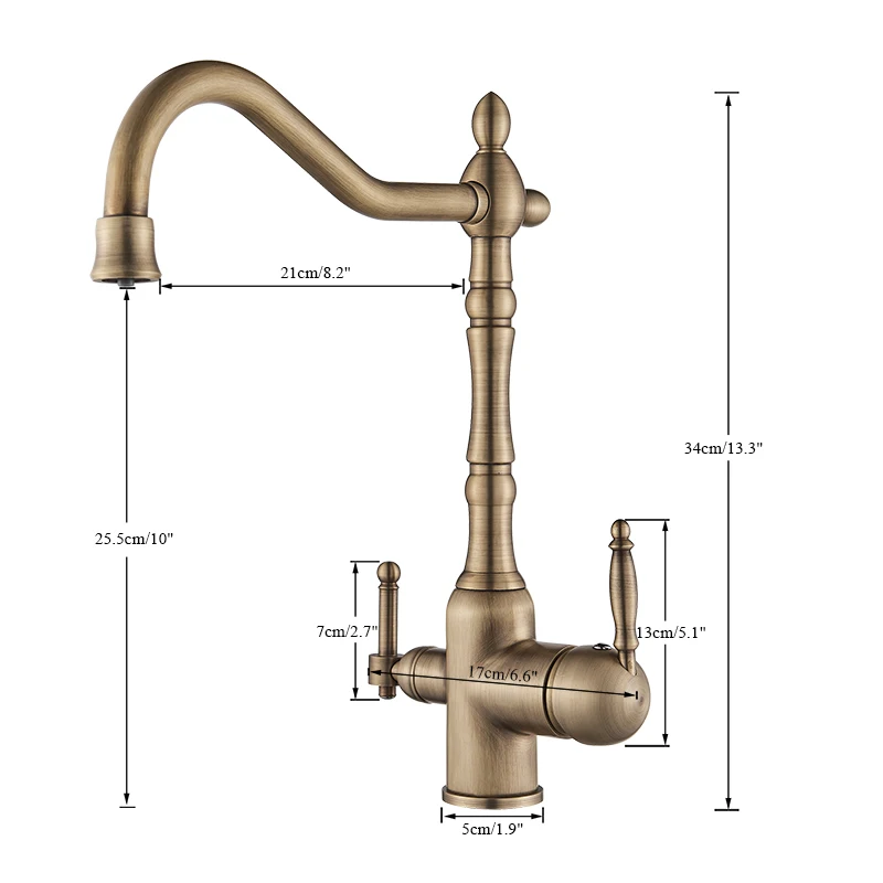 Antique Brass Filter Kitchen Faucet Drinking Pure Water Kitchen Tap Deck Mounted Dual Handles 3-Ways Hot and Cold Water Mixer kitchen faucet with sprayer