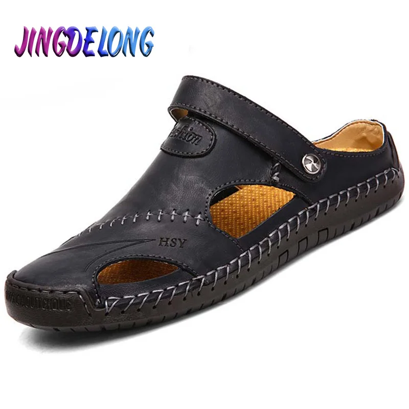 Sandalias clásicas de piel auténtica para hombre, zapatillas romanas transpirables para la playa, suaves, para verano, gran oferta