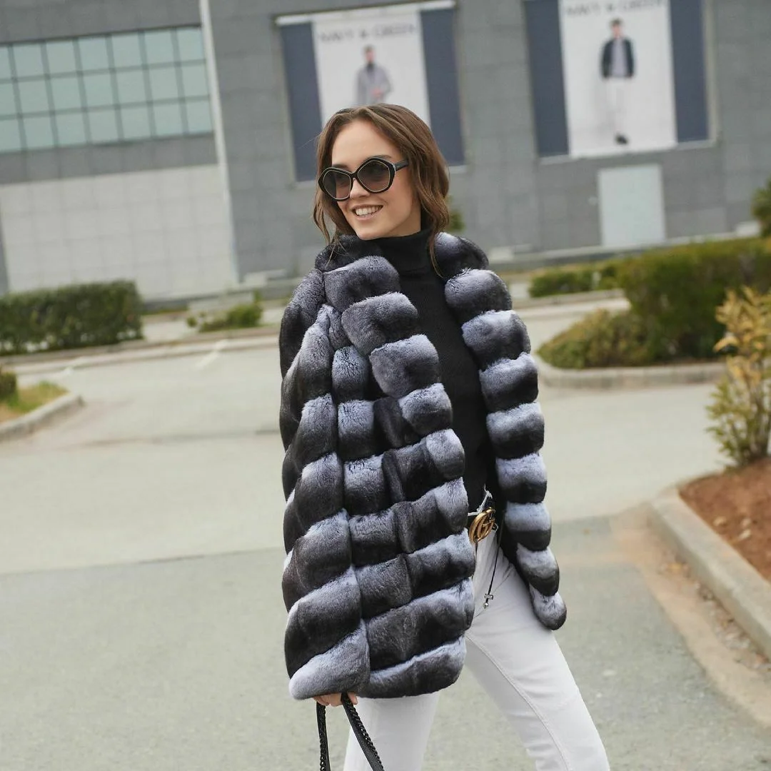 Medium Length Natural Rex Rabbit Fur Jacket for Women Winter Outwear Fashion Whole Skin Genuine Rex Rabbit Fur Coat Lapel Collar