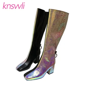

New Snake Pattern Long Boots Women Magic Mixed Color Runway Shoes Woman Chunky High Heels Knee High Boots Zapatos De Mujer