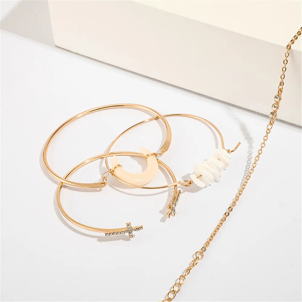 MLING 4 Pcs/Set Vintage Gold Crystal Bracelet Set Bohemian Natural Stone Moon Cross Bracelet for Women
