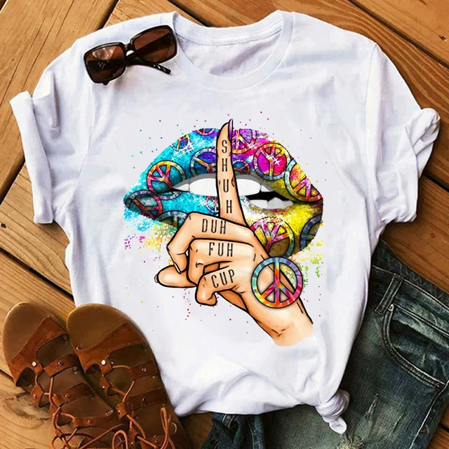 Women Tops O-neck Sexy Black Tees Kiss Lip Funny Summer Female Soft T Shirt Lips Watercolor Graphic T Shirt Top9180 22688-white