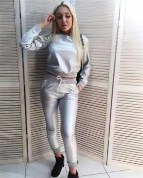 

Women Fashion Two-Pieces Sets Tops Pants Metallic Color PU Leather Tracksuits Set Women Spring Autumn Long Sleeve Tops Set