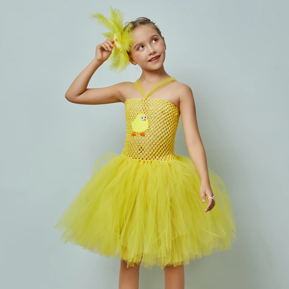 Yellow Chicken Girls Tutu Dress Kids Farm Animal Party Halloween Costume Feather Boas Children Cake Smash Photo Tulle Dress (7)