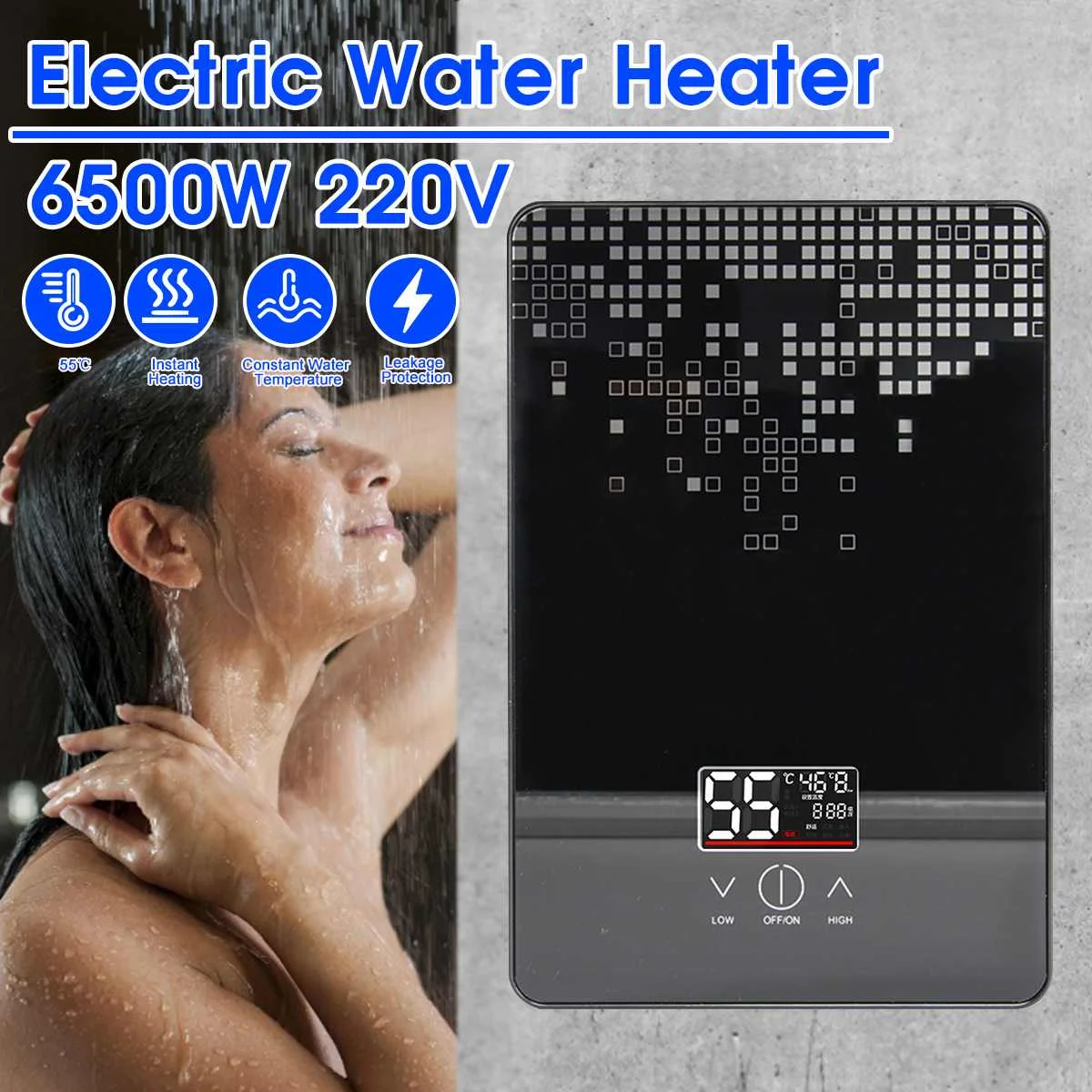 Calentador de agua eléctrico de 6500W para baño, conjunto de termostato de ducha sin depósito, automático e inteligente, 220V, SIN depósito