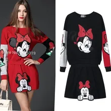 Весенне-осенние женские трикотажные юбки с рисунком, костюмы с вышивкой, повседневная цветная мышь, Свитера с аппликацией и юбки, костюмы NS960