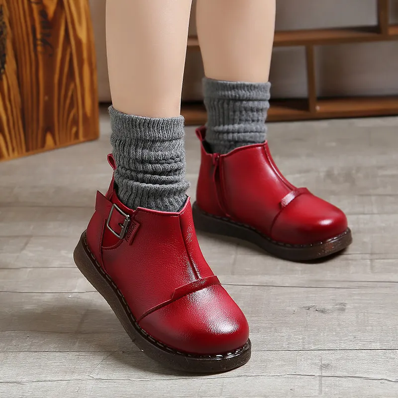 

Children Retro Martin Boots Boys Fashion Buckle Ankle Boots Warm Quality Leather Girls Boots WIth Velvets Waterproof Anti-slip