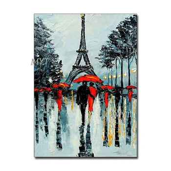 

100% Handpainted Lover On Street Oil Painting On Canvas Wall Art Canvas City Landscaple Paintings For Living Room No Framed