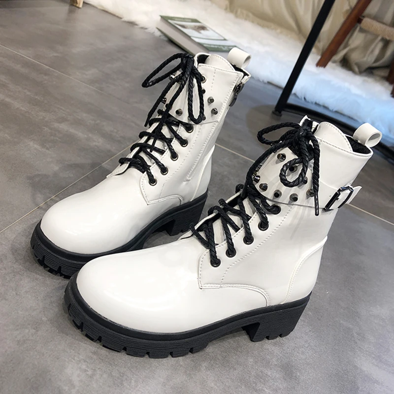White Western Boots Cowboy Boots Women New Lace Up Leather Boots Black Ankle Boots Women Fashion Punk Combat Boots Platform