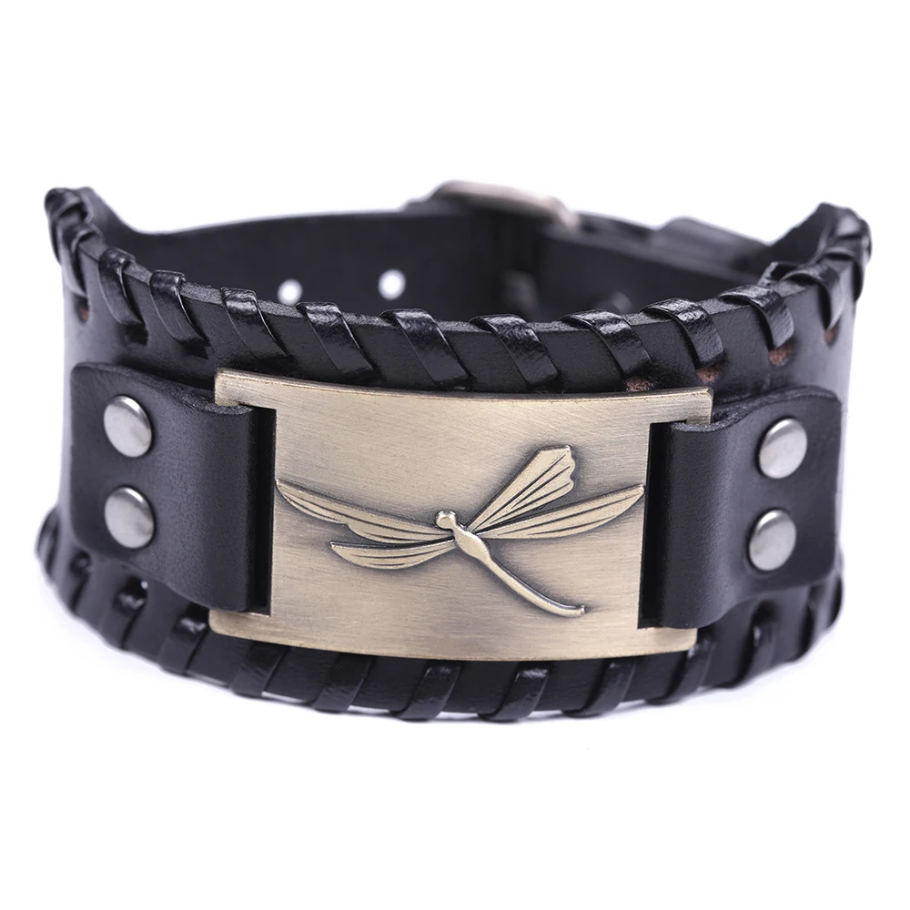 Fishhook New Punk Rock Leather Black Antique Bracelet Dragonfly Adjustable Handmade Bracelets Accessory For Gifts