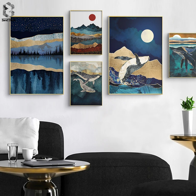 

Nordic Abstract Sunrise Wall Art Canvas Painting Vintage Geometric Whale Mountain Landscape Poster Print Picture for Living Room
