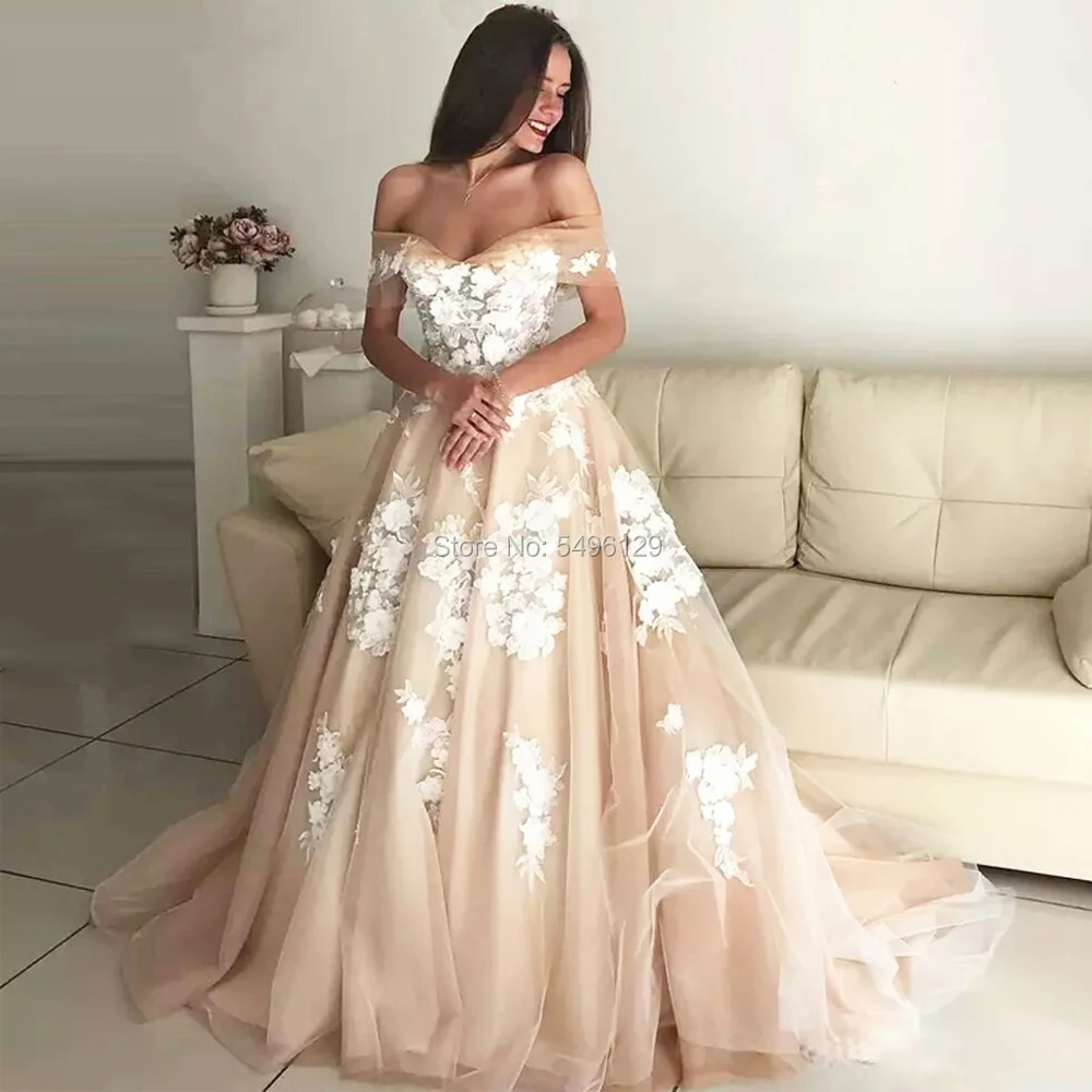 Robe de mariee романтическое ТРАПЕЦИЕВИДНОЕ Тюлевое свадебное платье цвета шампанского с открытыми плечами и аппликацией цвета слоновой кости свадебное платье