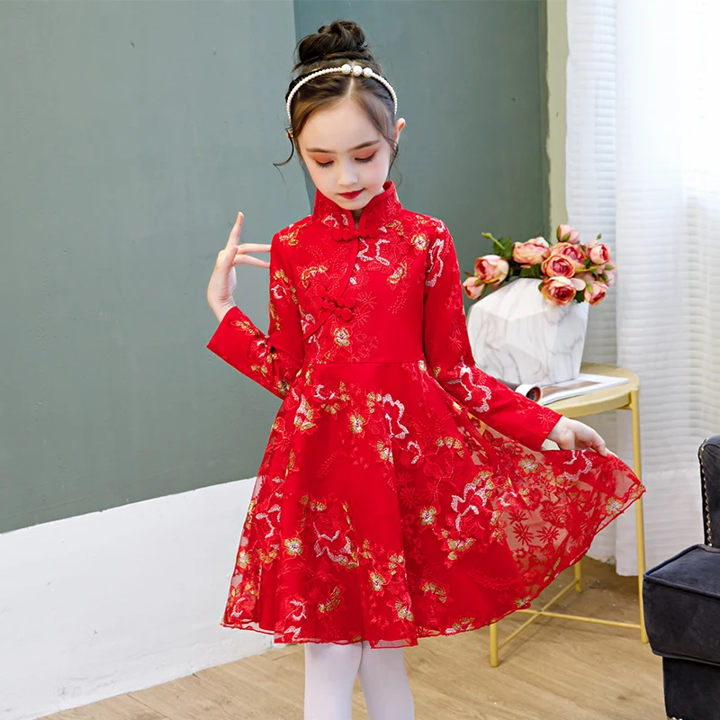 Red New Year's Dress Flower Girl Dresses Princess Lace Embroidery  performance dress girl vestido chino party banquet dress