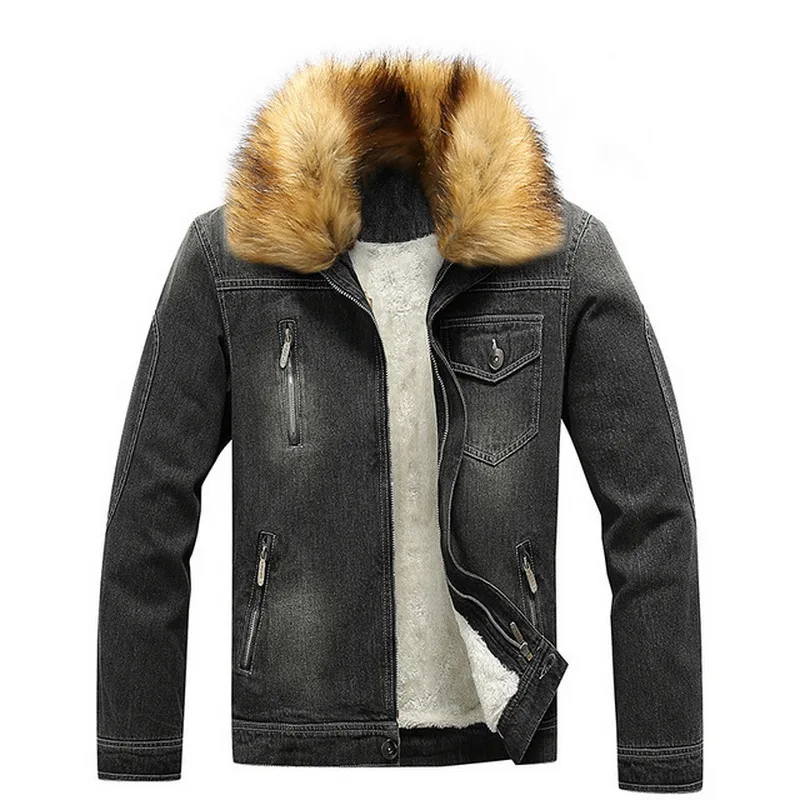 

Denim Jeans Men Winter Jacket Coats Nice Casual With Fur Hooded Plus Velvet Lining Asian Size M-5XL 5XL 7XL