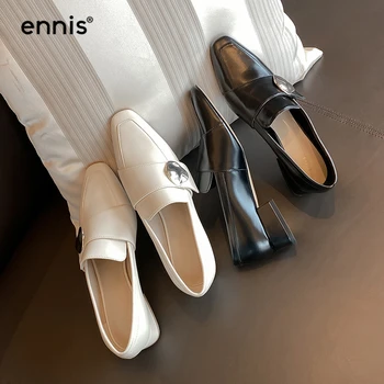

ENNIS Women's Spring Shoes Genuine Leather Boat Shoes Beige Black Flats Square Toe Loafers Fashion Ladies Shoes 2020 New C0023