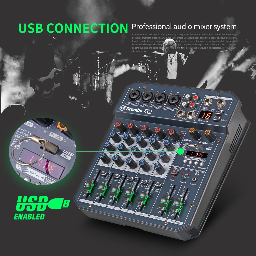 X4/6 DJ портативный мини консоль аудио микшер с DSP эффект звуковая карта, USB, 48 В фантомное питание для ПК записи пение веб-Каст