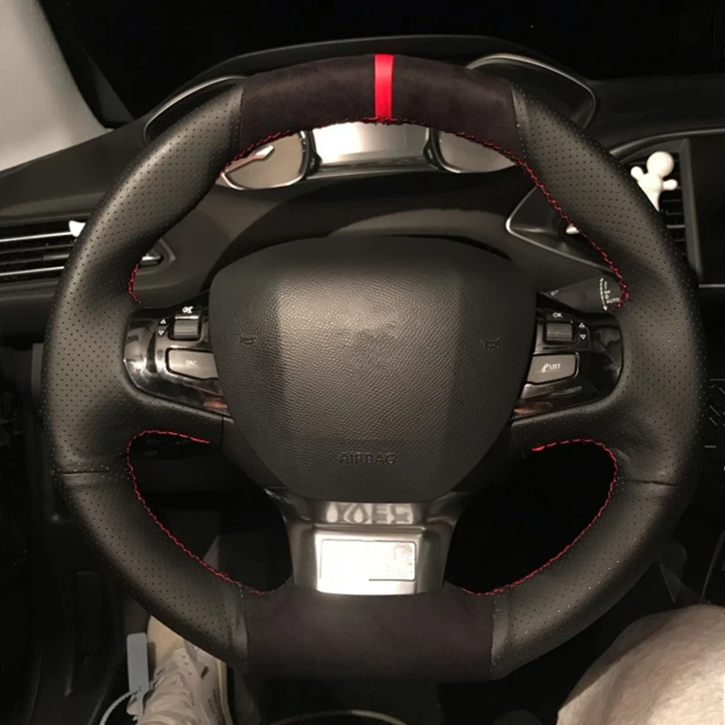 Black Suede Perforated Leather Car Steering Wheel Cover for Peugeot 308