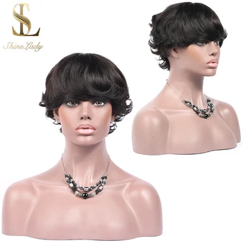 

Shinelady Short Remy Hair Wig With Bang Natural Black Color Full Machine Made Wig Natural Curls Short Hair Wigs For Summer Wear