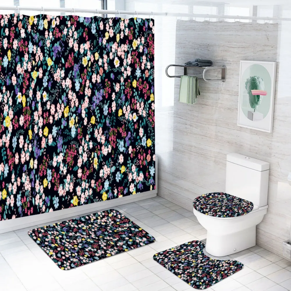 4 Pieces Sets Fruits/Flowers Shower Curtain Sets with Bath Rug Toilet Lid Cover Ground Mat 3D Durable Waterproof Bath Curtain