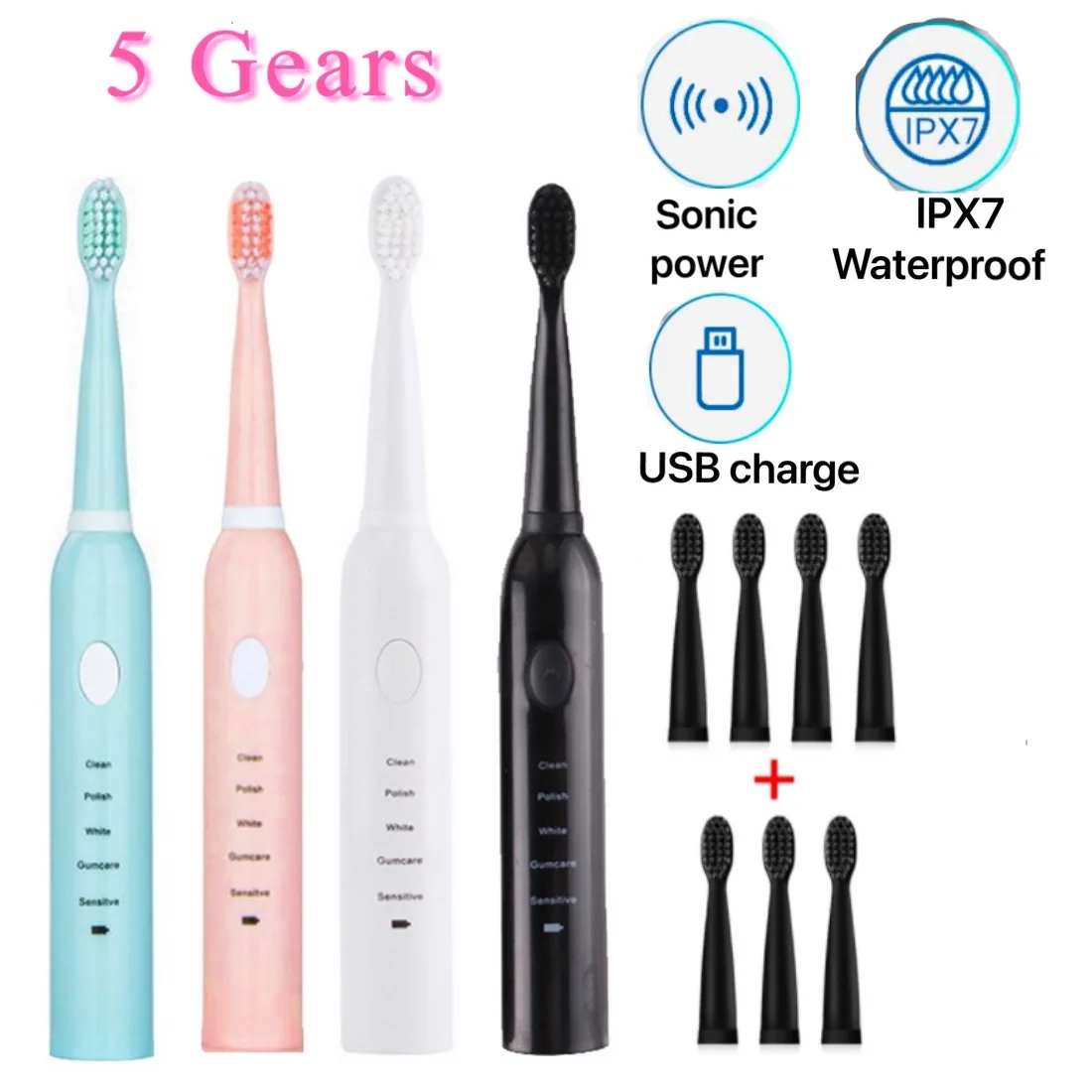 Cepillo de dientes eléctrico ultrasónico, potente cepillo de dientes recargable por USB, lavable, blanqueamiento de dientes, temporizador para adultos