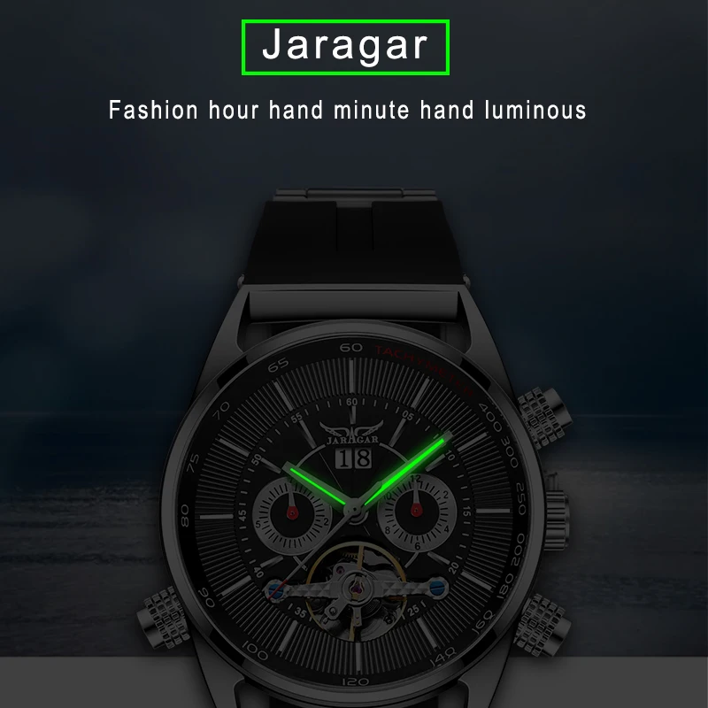 JARAGAR Tourbillion модные черные силиконовые часы многофункциональный дисплей Мужские автоматические механические часы Роскошные мужские часы