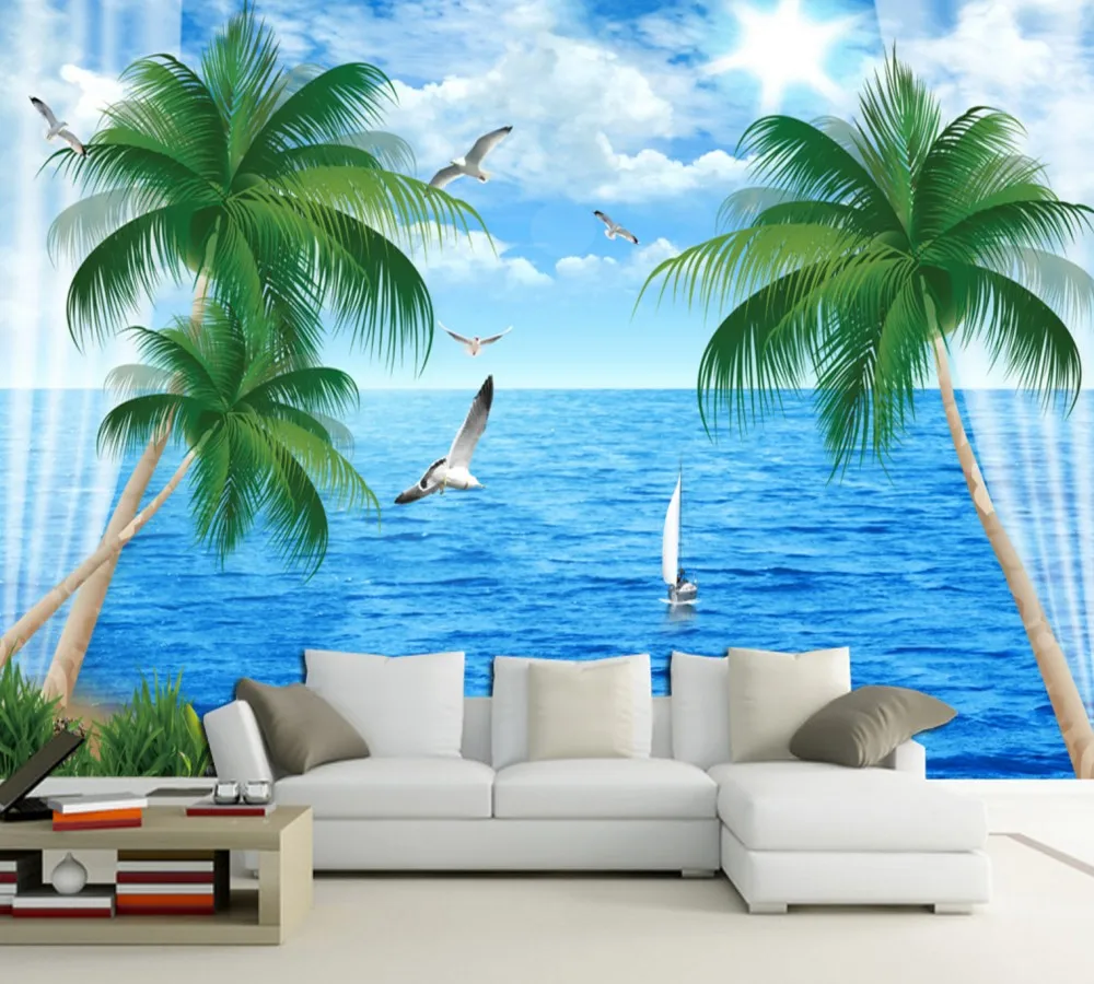 

Drop Shipping Seaview Beautiful Seascape Mediterranean Style Custom 3D Wallpaper Summer Beach Seagull Flying Living Room Mural