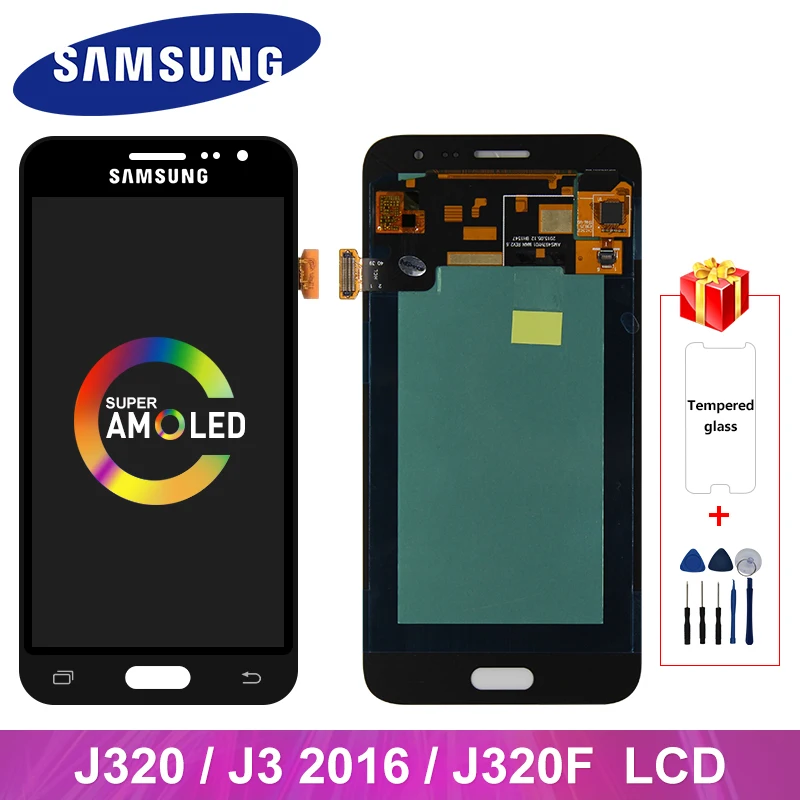 Kopen J320F Super Amoled Voor Samsung Galaxy J320 J3 2016 Lcd J320H J320FN J320M Display Touch Screen Digitizer Vergadering Onderdelen J320 lcd