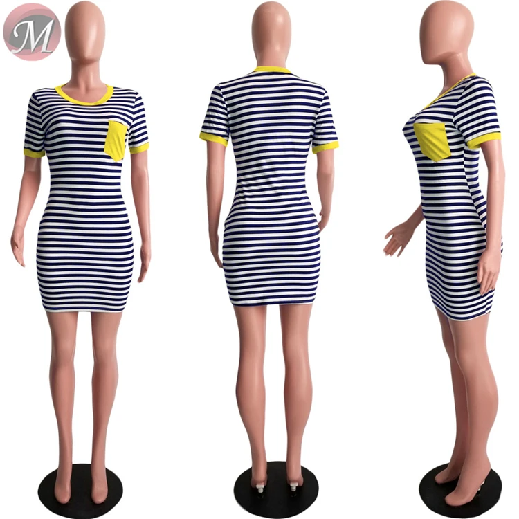 9062707 queenmoen hot sale summer casual woman stripe t-shirt mini dress with solid pocket