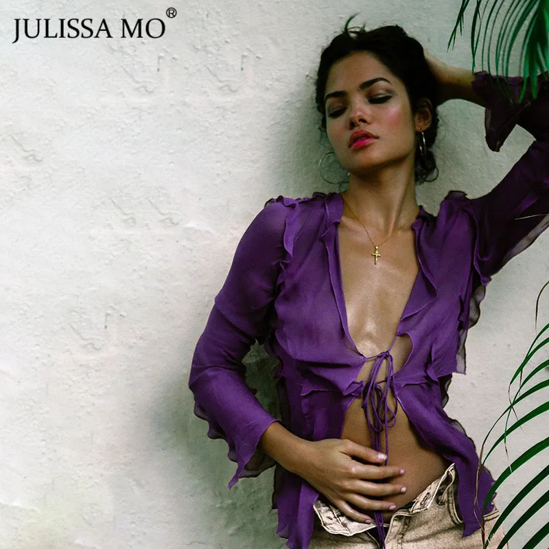 JULISSA MO сексуальная прозрачная шифоновая блузка женские рубашки с длинным рукавом