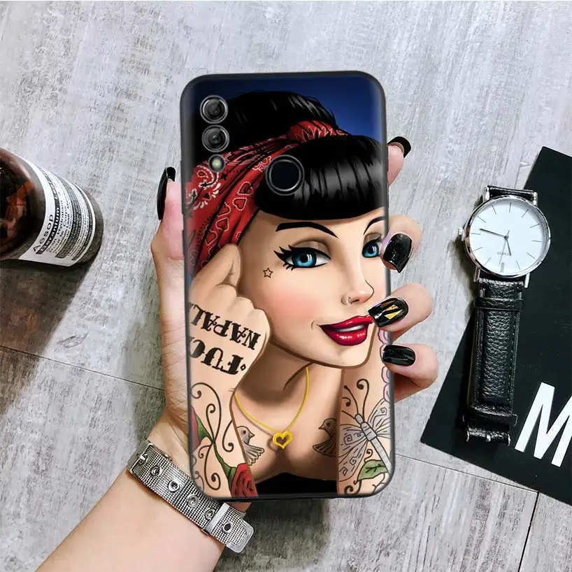 Татуировка девушка принцесса черная крышка чехол для телефона для huawei Y9 Y5 Y6 Y7 Honor 10 9 Lite 9X8X8 S 8A фотоаппаратов моментальной печати 7S 7A 10i 20i V20 Coque Капа