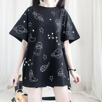 

Cartoon Universe Cat Printed Black Short Sleeve T-shirt Tee Oversize Tops Japanese Harajuku Sweet Girl Pullovers Summer 2020