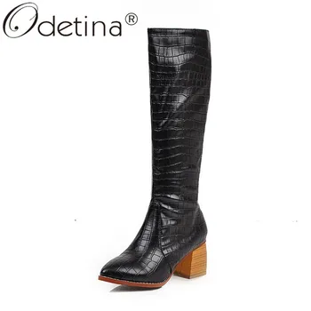 

Odetina Fashion Women's Elegant Chunky Block High Heel Knee High Boots Winter Snakeskin Half Boots Ladies Autumn Zip Up Comfort