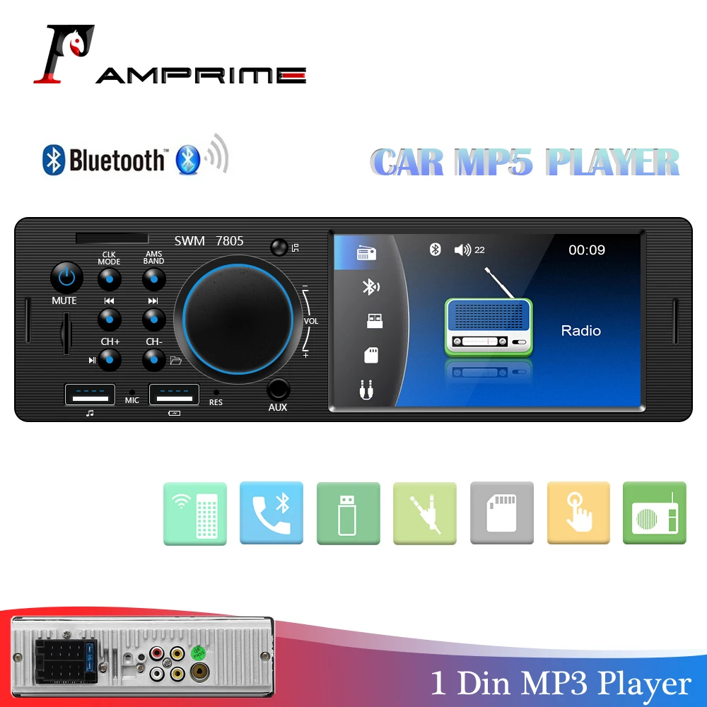 AMPrime Car Auto Radio 1 din 12V Bluetooth Stereo Audio MP5 Player FM Radio Receiver Support Aux Input SD USB MMC Remote Control