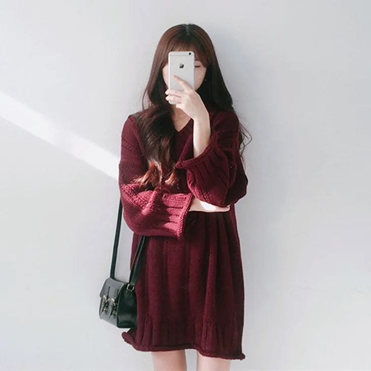 Осеннее женское платье в Корейском стиле, шикарный стиль, v-образный вырез, длинный рукав, льняное цветочное цветное трикотажное платье