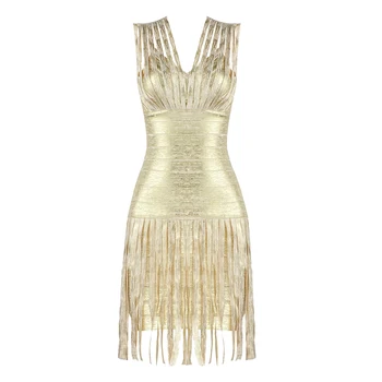 

2019 New Summer Bodycon Bandage Dress Women Sexy V Neck Gold Tassel Celebrity Evening Party Dress