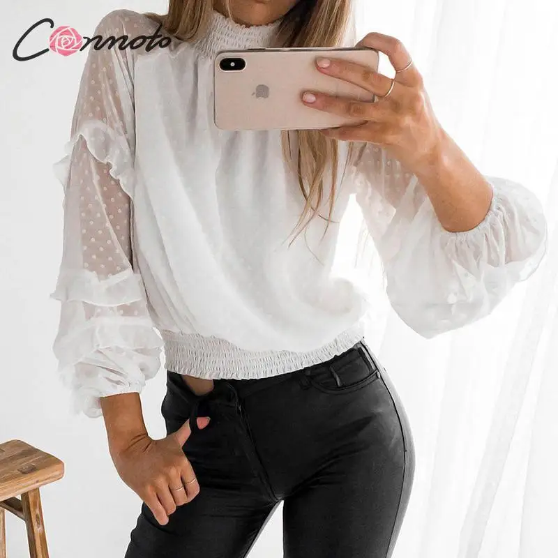Conmoto шифоновая белая женская блузка в горошек, рубашки, сексуальные женские повседневные блузки с оборками, рубашка, feminino blusas mujer