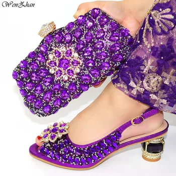 

Latest Italian Med Heel Shoes 6.5cm And Bag For Evening Party With Crystal Purple Italian Handbags Match Bags set 38-42 C98-28