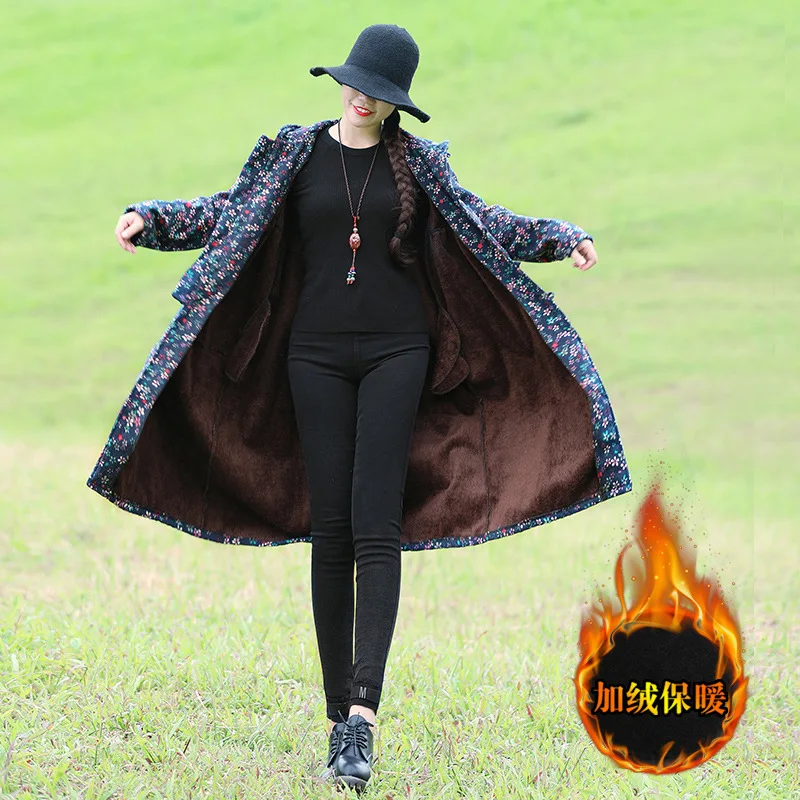 

3049 # Photo Shoot Cotton Linen Thick Coat Women's Literature And Art Winter Small Floral Mid-length Cotton Coat Large Size Retr