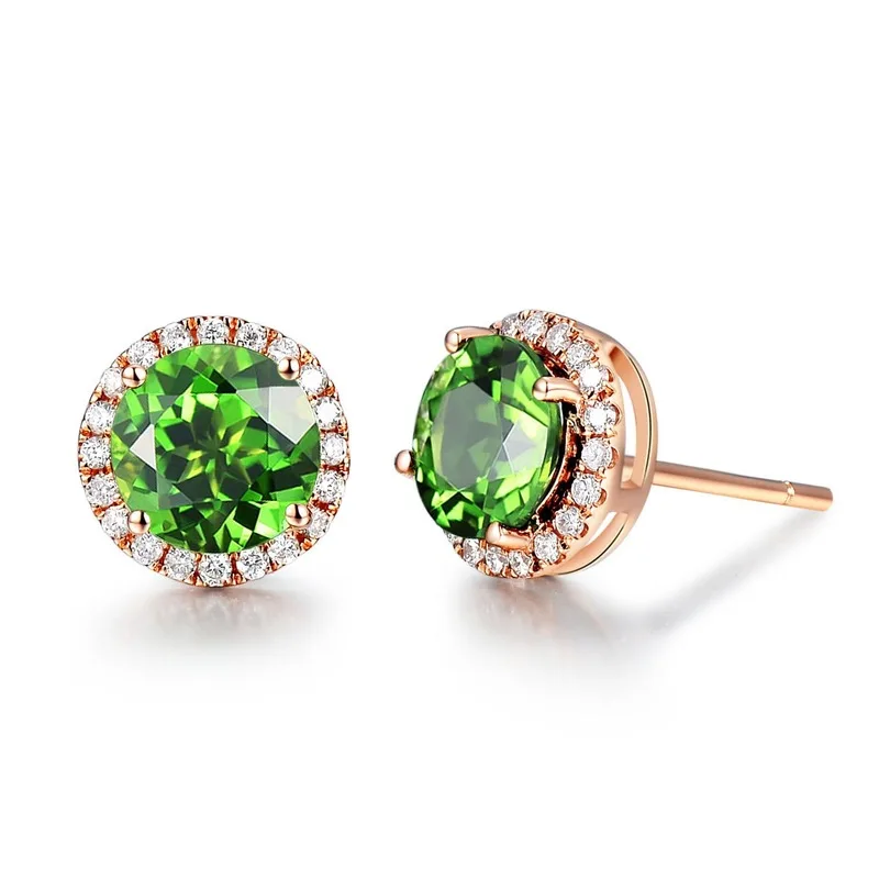 Natural Emerald Gemstone Stud Earrings For Women Rose Gold Plated Green Tourmaline AAA Zircon Diamond Earring Wedding Jewelry | Украшения и